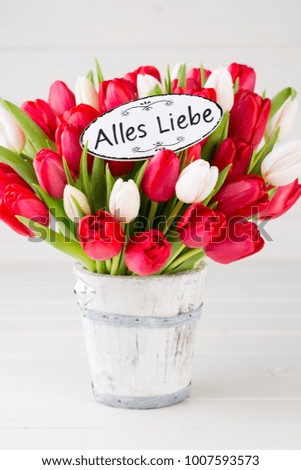 Springt time. Red tulip bouquet on the white wooden background.