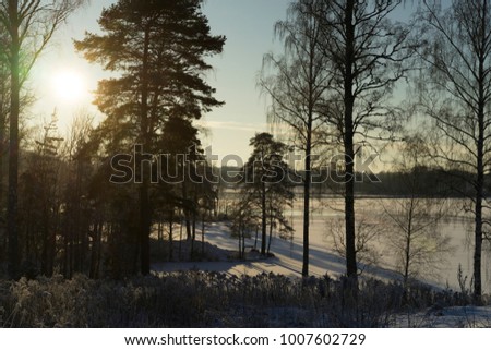 Beautiful nature and landscape photo of cold winter evening in Sweden Scandinavia. Nice outdoor image with forest, trees and ice lake. Calm, peaceful and happy background picture.