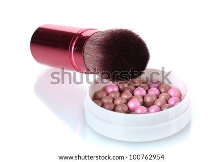 red brush for make-up with powder balls isolated on white