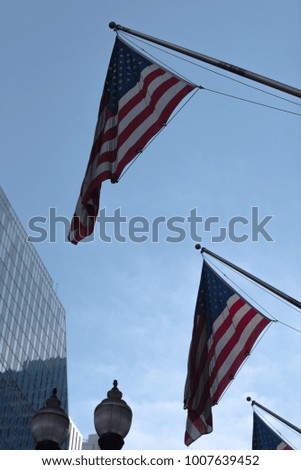 American flag on a building on Chicago street
