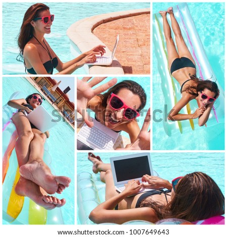 Collage of Caucasian woman using laptop at poolside and looking at camera. Summer time. Freedom and travel concept. 