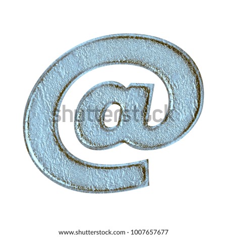 Weathered blue stone style at sign or email address symbol in a 3D illustration with a rough texture and icy blue color in a basic bold font isolated on a white background with clipping path.