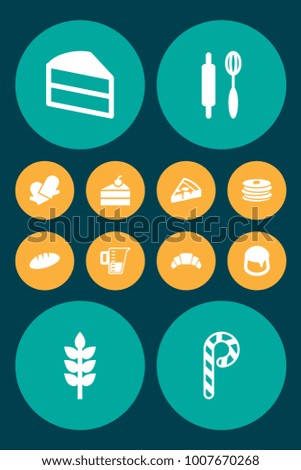 Set of 12 cooking icons set. Collection of pancakes, pizza, pudding and other elements.