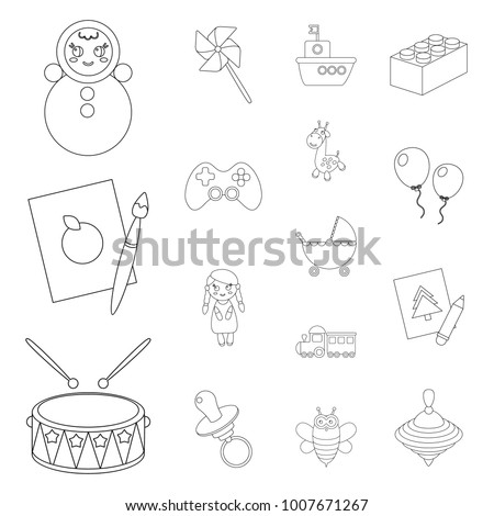 Children's toy outline icons in set collection for design. Game and bauble vector symbol stock web illustration.