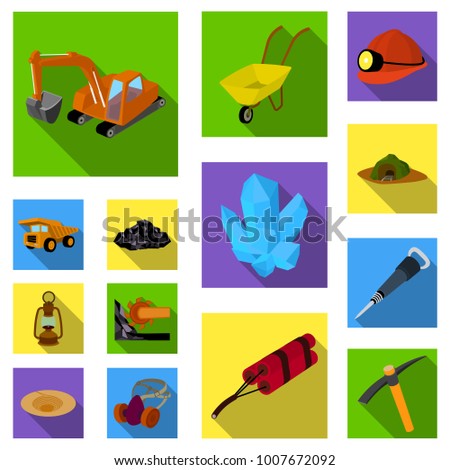 Mining industry flat icons in set collection for design. Equipment and tools vector symbol stock web illustration.