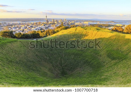 Mt Eden Volcanic Cones and View to Auckland City, New Zealand; Mount Eden Auckland New Zealand Royalty-Free Stock Photo #1007700718