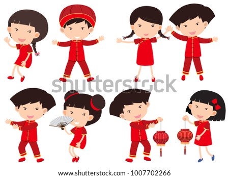Chinese boys and girls in red outfit illustration