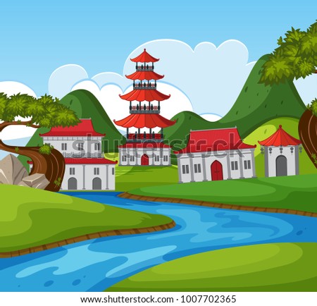 Chinese theme background with many buildings by river illustration