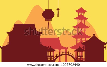 Chinese theme background with temple buildings illustration