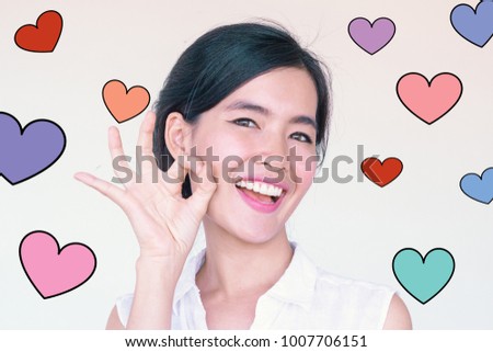 Valentines Day and love concept- Headshot portrait of a young asian cute woman smiling with clorful hearts illustration doodle icon at the back ground