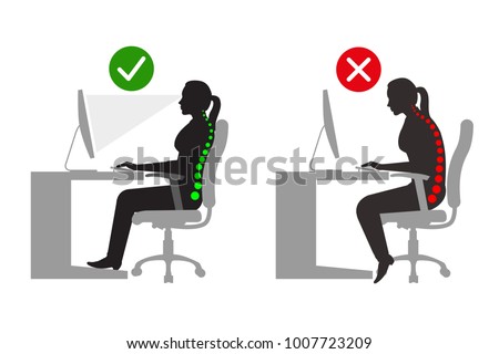 Ergonomics - Women silhouette of correct and incorrect sitting posture when using a computer Royalty-Free Stock Photo #1007723209
