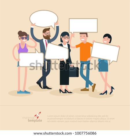 Flat design diverse people opinion vector presentation and infographic template. Men and women office formal and casual style demonstrating speech bubble.