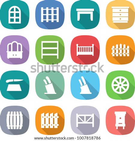 flat vector icon set - arch window vector, pallet, table, chest of drawers, dresser, rack, crib, fence, cutting board, stands for knives, knife holder, wheel, barrel, farm, hive