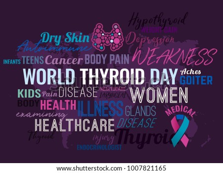 Thyroid gland poster with cloud of tags. 25th of May is a world cancer awareness day. Medical educational concept. Vector illustration in pink, blue and white colors isolated on a violet background.
