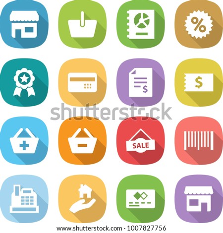 flat vector icon set - shop vector, basket, annual report, percent, medal, credit card, account balance, receipt, add to, remove from, sale, bar code, cashbox, real estate