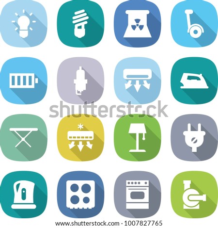 flat vector icon set - bulb vector, nuclear power, gyroscooter, battery, spark plug, air conditioning, iron, board, floor lamp, kettle, hob, oven, water pump