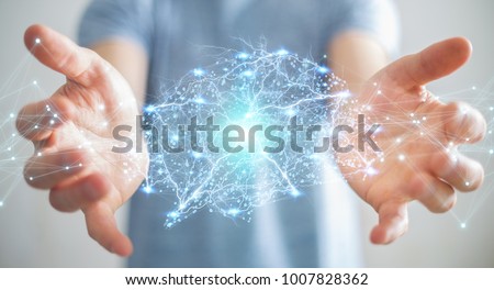 Businessman using digital x-ray human brain interface with cell and neurons activity 3D rendering Royalty-Free Stock Photo #1007828362