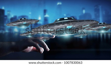 Businessman on blurred background with retro UFO spaceship 3D rendering