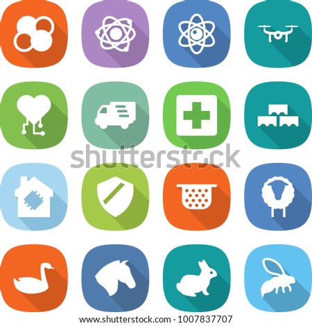 flat vector icon set - atom core vector, drone, cardio chip, delivery, medical cross, block wall, smart house, shield, colander, sheep, goose, horse, rabbit, wasp