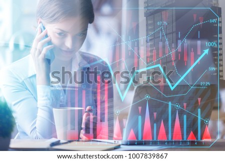 Businesswoman talking on the phone at abstract workplace with forex chart. Communication and trading concept. Double exposure 