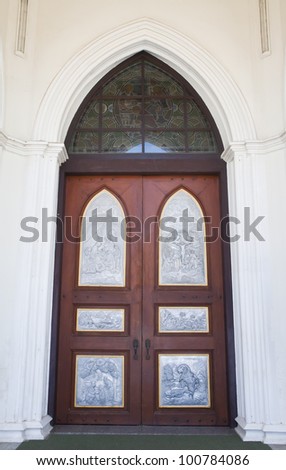 Jesus picture on silver carve art on door