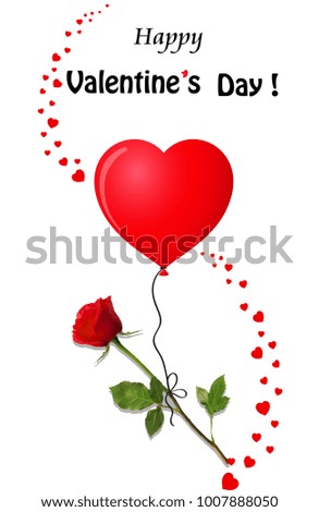 Happy valentine's day greeting card with flower of red rose flying on red heart shaped helium balloon on white background and confetti little hearts wave around. romantic illustration.