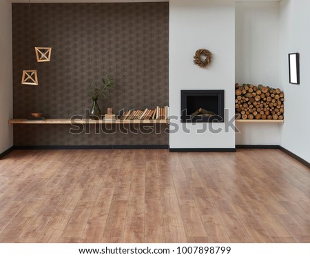 modern brown living room and decorative home background fireplace and wood decoration
