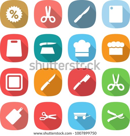 flat vector icon set - percent vector, scissors, scalpel, cutting board, cook hat, chief, knife, chef, trailer, pruner