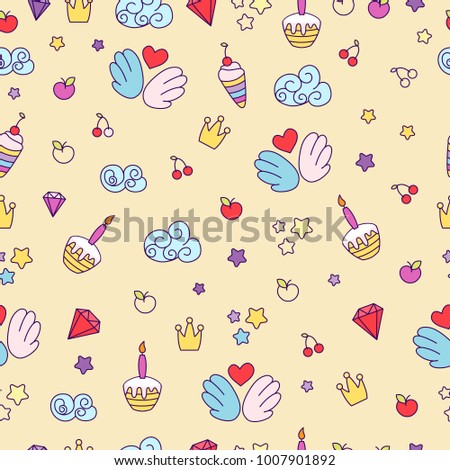 Dreams seamless pattern.Background for little girls with different fairy tale's elements. Cute illustration.