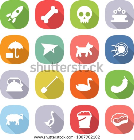 flat vector icon set - rocket vector, bone, skull, flower bed, insurance, deltaplane, dog, satellite, kettle, shovel, goose, eggplant, sheep, foam bucket, sponge with