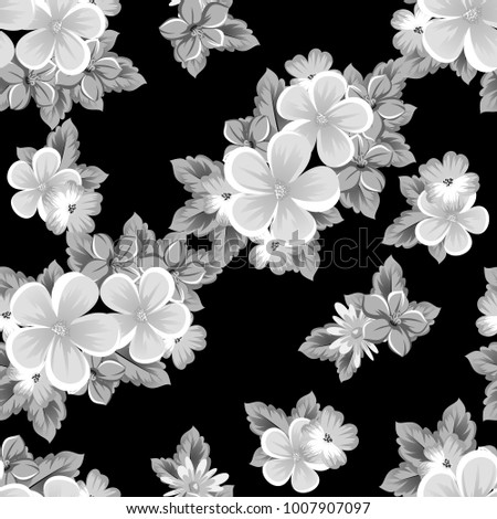 abstract seamless monochrome pattern of flowers on a black background. For design postcards, greeting, invitation for a birthday, wedding, party, holiday. For the decoration. Vector illustration.