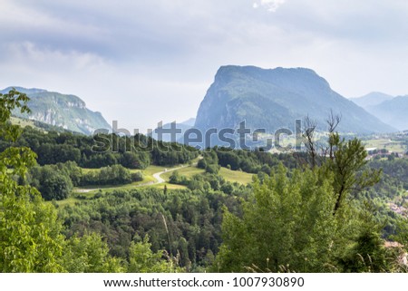 View of landscape of the alpine village between mountains, South Tyrol