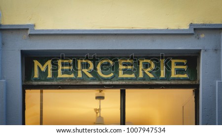 Vintage Italian haberdashery shop sign (Mercerie in Italian language).