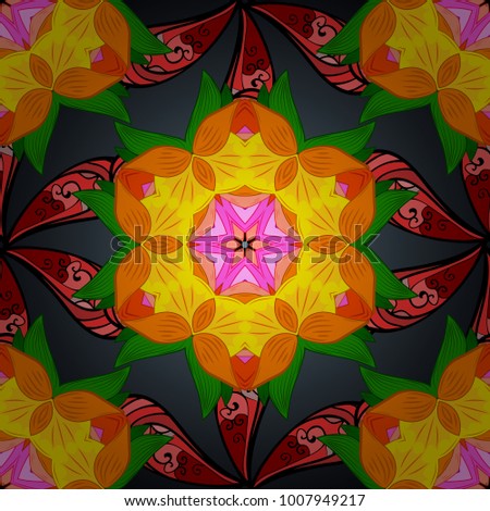 Traditional indian style, ornamental floral elements for henna tattoo, colored stickers, flash temporary tattoo, cards and prints. Vector sketch of colored mehndi mandala on orange, green and yellow.