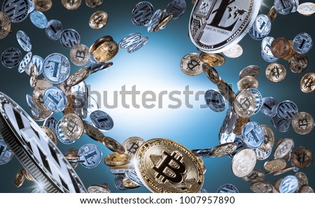 Flying and falling bitcoins and litecoins with free space in the middle. Digital monitoring, checking and money exchange cryptocurrency concept. High resolution photo. Royalty-Free Stock Photo #1007957890