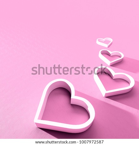 3D render of valentine's day card. Single nice snow pink plastic hearts card on white background with clear shadow