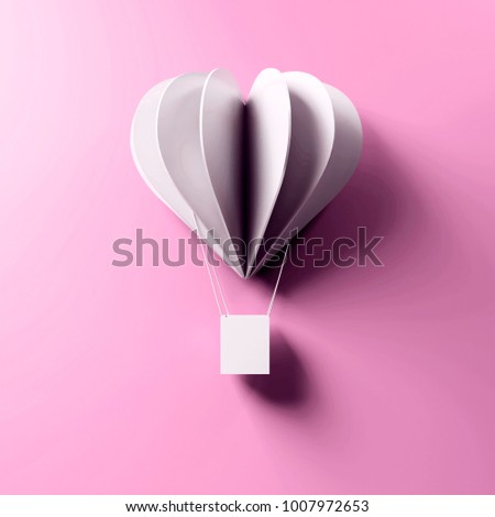 3D render of valentine's day card. Single present snow white air balloon card on extra light pink background with clear shadow