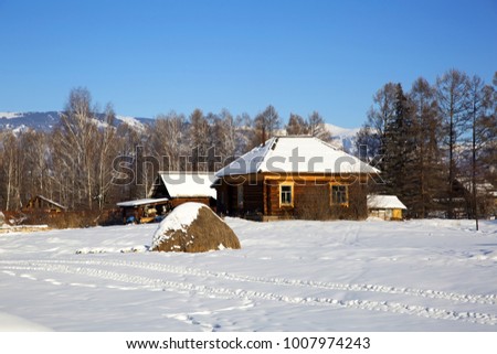 A typical wooden house in russian village Zamulta in winter in Uimon Valley, Altai mountains.