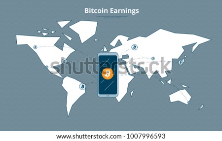 Bitcoin World Map Smartphone App Vector Illustration