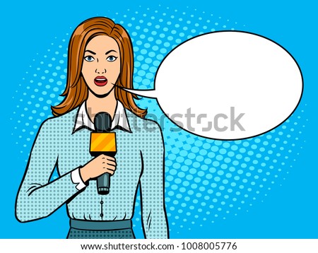 Journalist is reporting with microphone pop art retro vector illustration. Text bubble. Color background. Comic book style imitation.