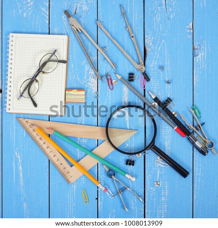Science and education - Desktop of the scientist objects wood background