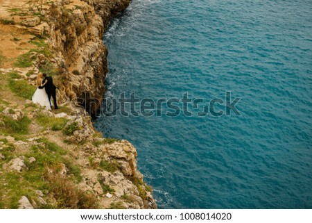 Bride And Groom On A Cliff Above The Ocean
