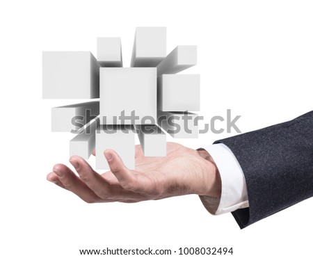 Businessman hand presents group of cubes in open palm. 3d rendering