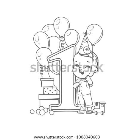 First year birthday party. One year old boy wearing bow tie near large number 1. Air balloons, gift boxes. Birthday decoration.  Sketchy style. Coloring page.Monochrome illustration.
