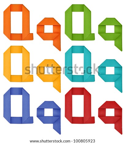 Set of capital letter and lowercase letter "Q" in various color. Origami alphabet  letter  on white background.