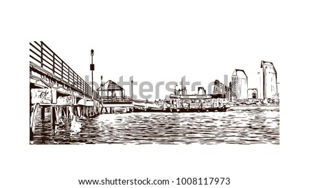 Ocean of San Diego City in California, USA. Hand drawn sketch illustration in vector.