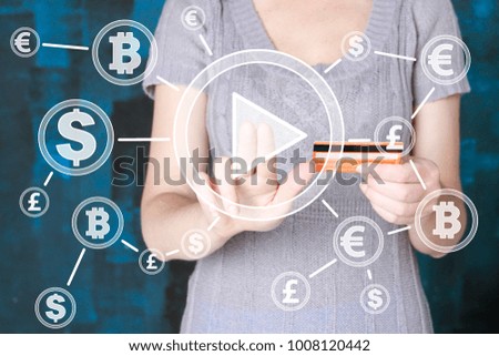 Businessman pressing button play shield icon currency network