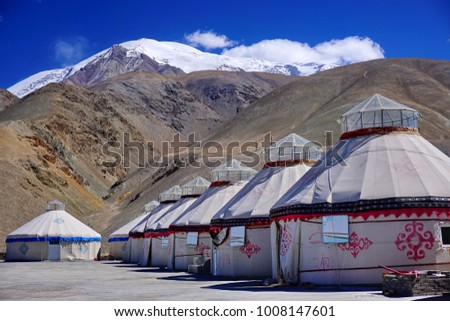 Yurts or Ger (Round Tents) for tourists at Bulunkou Lake or Corner Lake, Karakoram Highway (KKH), Kashgar - Tashkurgan, Xinjiang, China