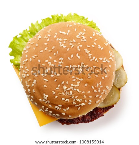fresh cheeseburger isolated on white background, top view