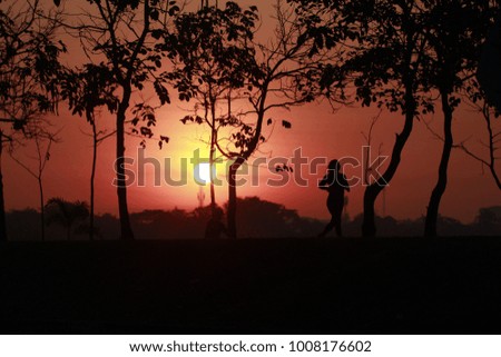 silhouette of the girl running in the park at sunset